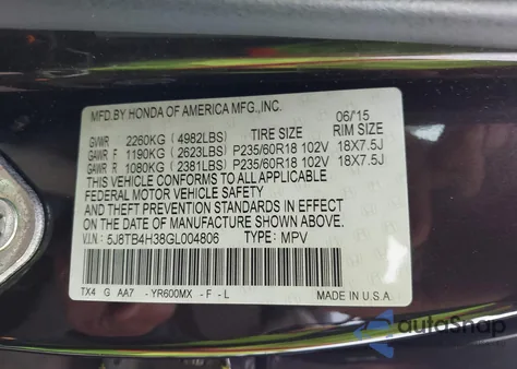 2016 Acura Rdx Acurawatch Plus Package из США, поврежденный, VIN 5J8TB4H38GL004806